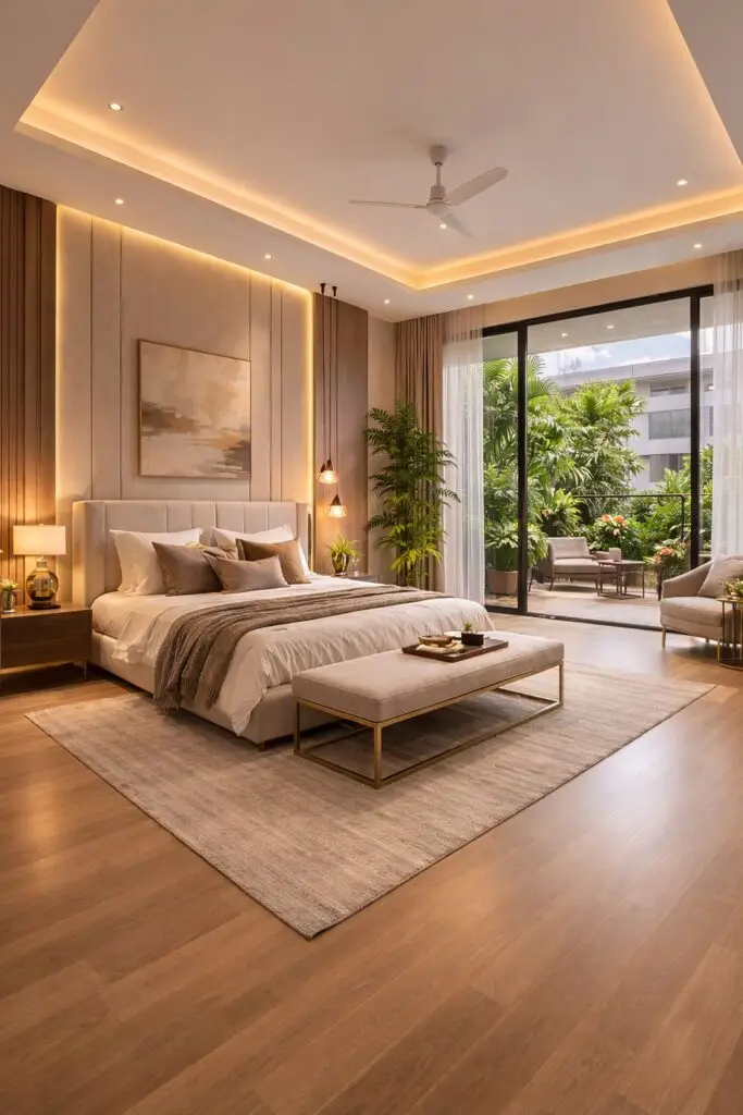 Naga Constructions master bedroom opening onto a landscaped garden balcony