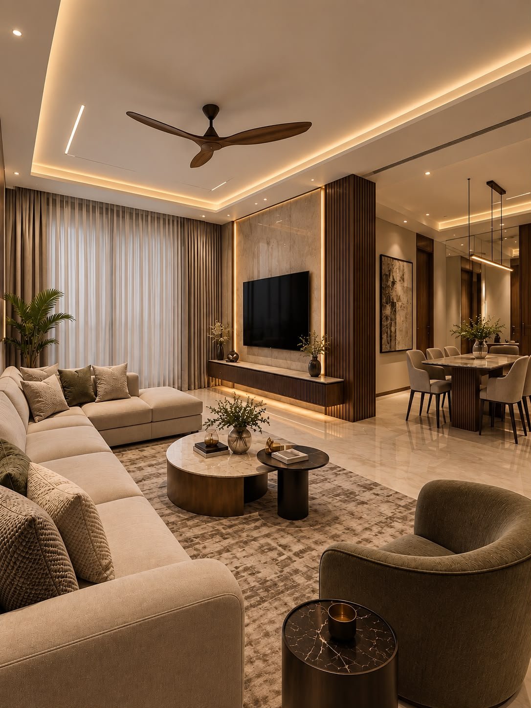 Naga Constructions modern living room interior with warm, layered lighting