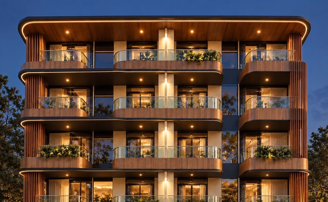 The Roston architectural facade — 3 BHK in Malleshwaram, Bangalore by Naga Constructions